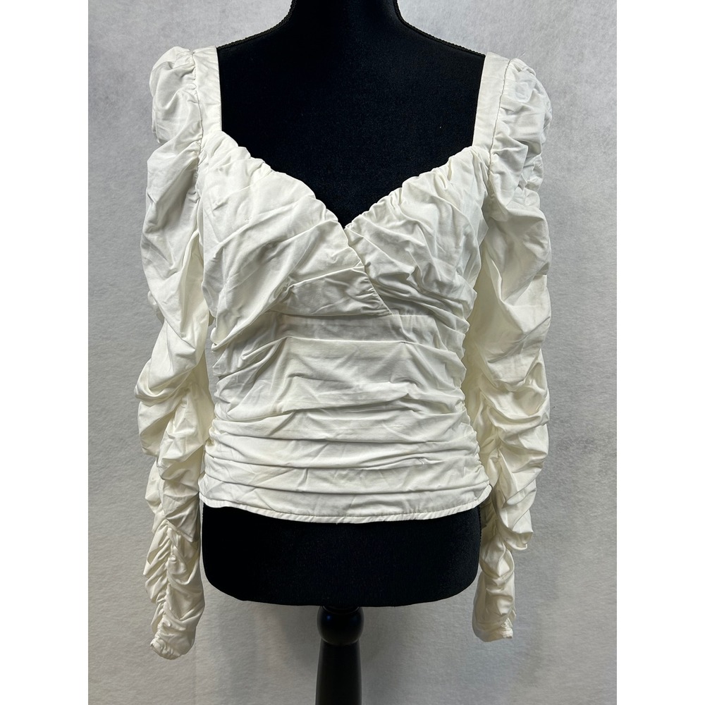 ASTR The Label Ruched Puff Sleeve Blouse Womens Large White NWT Romantic Top